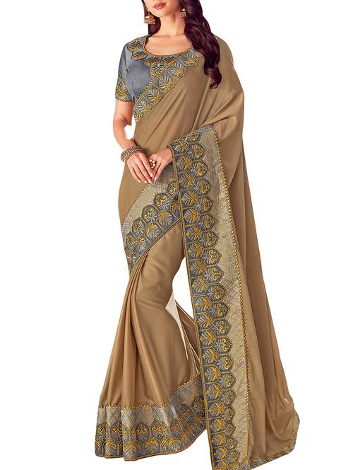 embroidered border solid saree with blouse - 15882583 - Very Small Image - 1