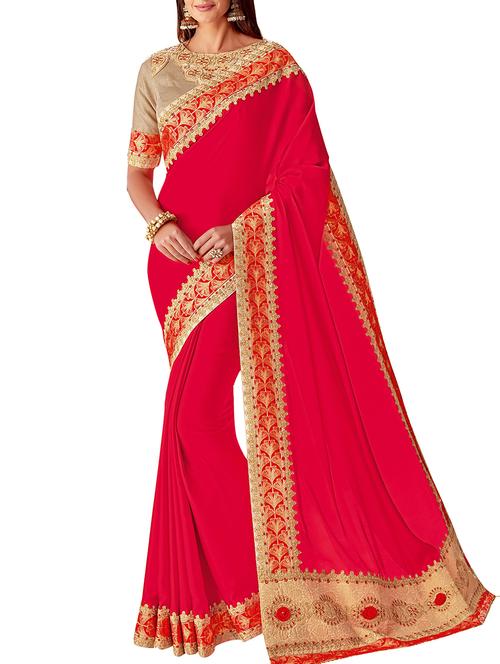 embroidered border solid saree with blouse - 15882586 - Very Small Image - 1