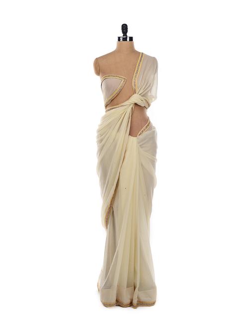 cream sequined saree - 15885 - Very Small Image - 1