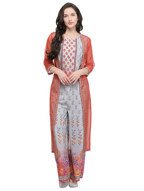 floral printed top pant with shrug set - 15885351 - Very Small Image - 1