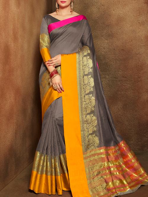 floral zari border grey woven saree with blouse - 15887473 - Very Small Image - 1
