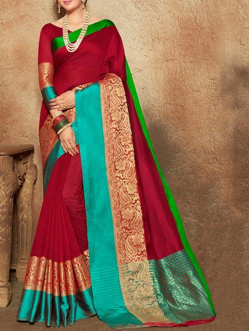 floral zari border maroon woven saree with blouse - 15887477 - Very Small Image - 1