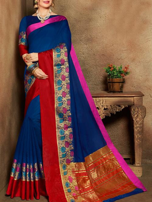 floral zari border navy blue woven saree with blouse - 15887483 - Very Small Image - 1