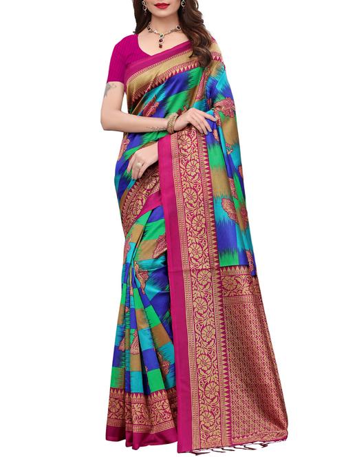 peacock motif printed saree with blouse - 15887787 - Very Small Image - 1