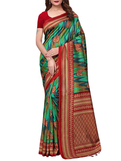 peacock motif printed saree with blouse - 15887790 - Very Small Image - 1