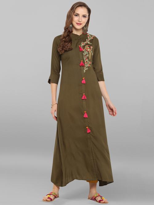 embroidered a-line kurta with tassels front placket - 15889335 - Very Small Image - 1