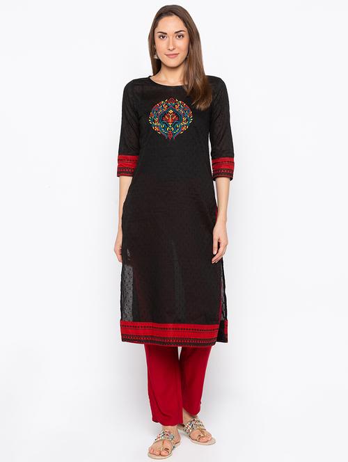 embroidered straight dobby kurta - 15890278 - Very Small Image - 1