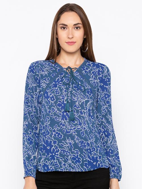 tassel tie up lace insert floral top - 15890318 - Very Small Image - 1