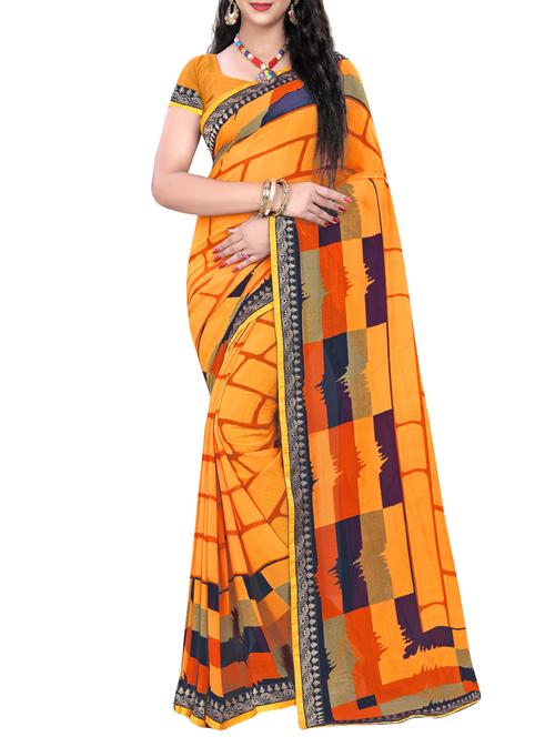 geometrical mustard printed saree with blouse - 15890641 - Very Small Image - 1