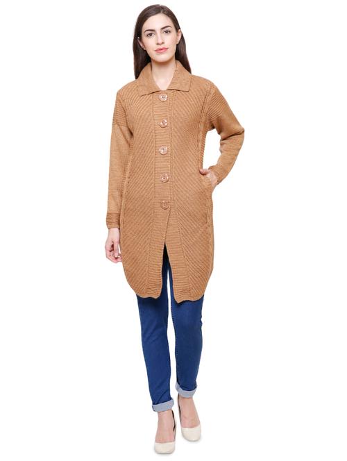 beige shirt collar woolen cardigan - 15891062 - Very Small Image - 1