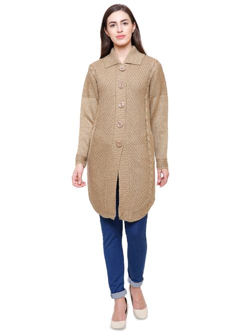 beige shirt collar woolen cardigan - 15891065 - Very Small Image - 1