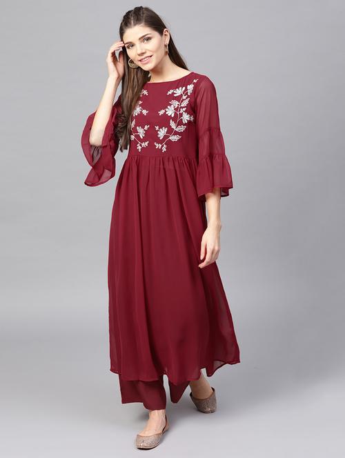 embroidered bell sleeved kurta with palazzo set - 15891777 - Very Small Image - 1