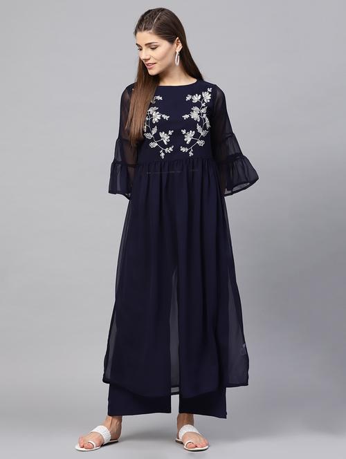 embroidered bell sleeved kurta with palazzo set - 15891796 - Very Small Image - 1