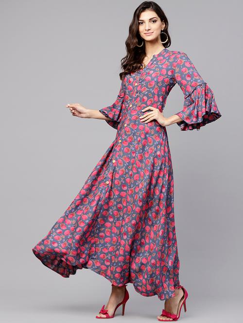 flared bell sleeves printed dress - 15894313 - Very Small Image - 1