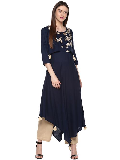 embroidered asymmetric kurta with tassels - 15896938 - Very Small Image - 1