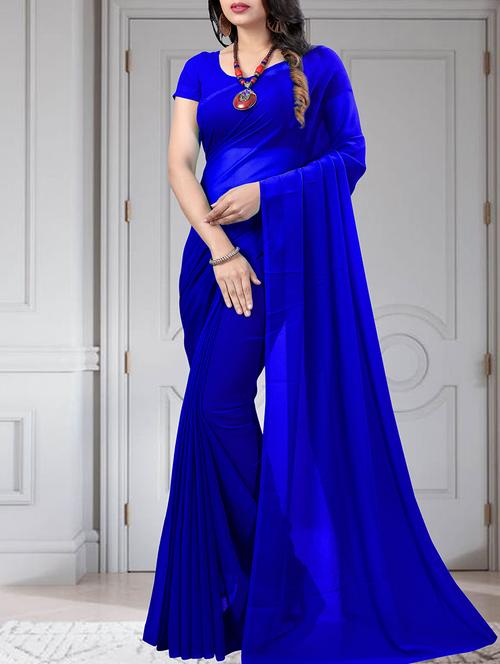 solid royal blue plain saree with blouse - 15897311 - Very Small Image - 1