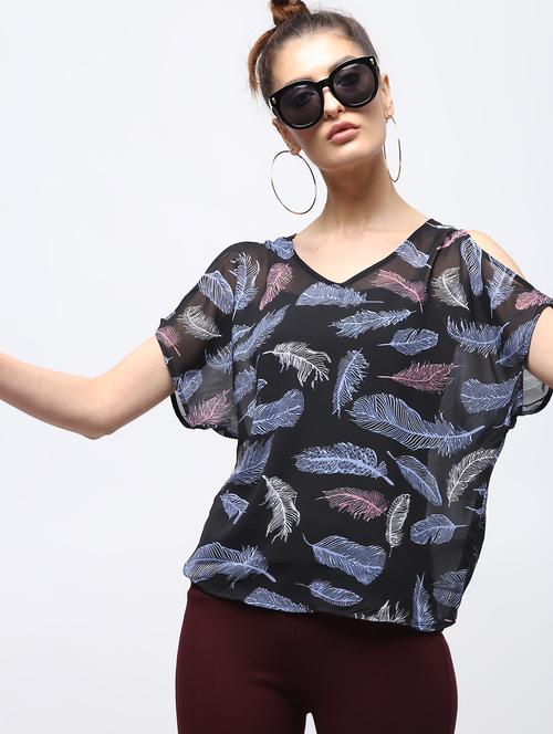 feather print cold shoulder top - 15897823 - Very Small Image - 1