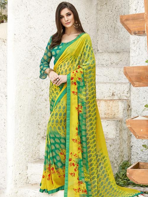 floral printed green saree - 15900261 - Very Small Image - 1