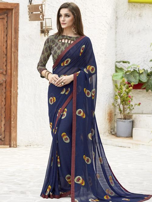 conversational navy blue printed saree - 15900269 - Very Small Image - 1