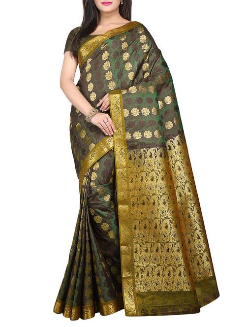 floral zari motif green woven saree with blouse - 15900328 - Very Small Image - 1
