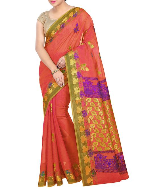 floral zari motif peach woven saree with blouse - 15900338 - Very Small Image - 1