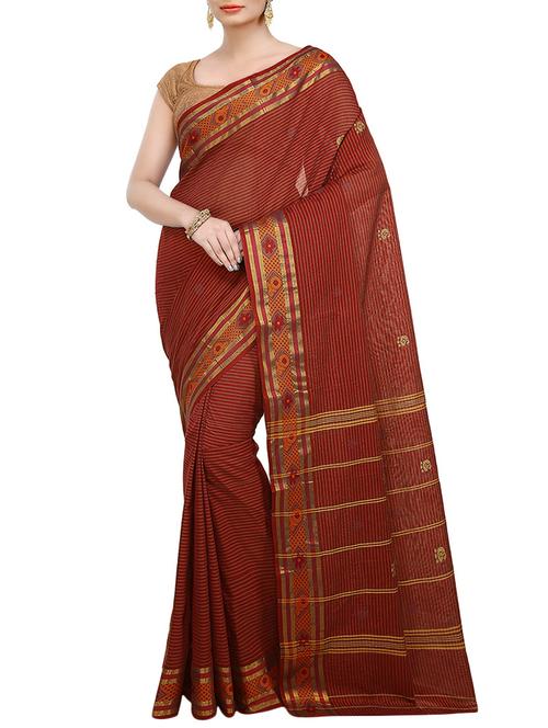 striped zari motif brown woven saree - 15900339 - Very Small Image - 1