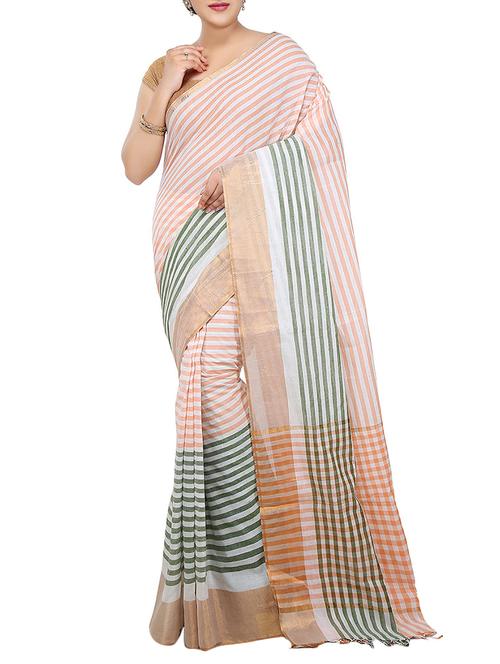contrast striped peach woven saree with blouse - 15900346 - Very Small Image - 1