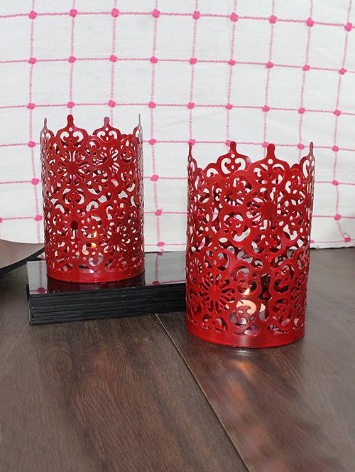 hosley set of 2 red metal sleeve - with free 6 unscented tealights - 15900533 - Very Small Image - 1