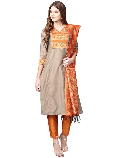 chanderi kurta pant with dupatta set - 15900736 - Very Small Image - 1