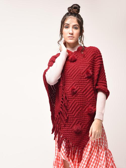 fringed hem pom pom detail poncho - 15900890 - Very Small Image - 1