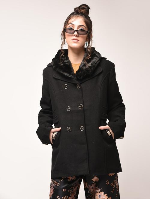 faux fur collar double breasted coat - 15900952 - Very Small Image - 1