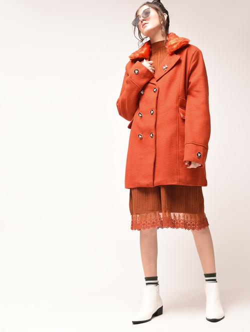fur panel double breasted coat - 15900955 - Very Small Image - 1