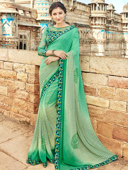 checkered green printed saree - 15901090 - Very Small Image - 1