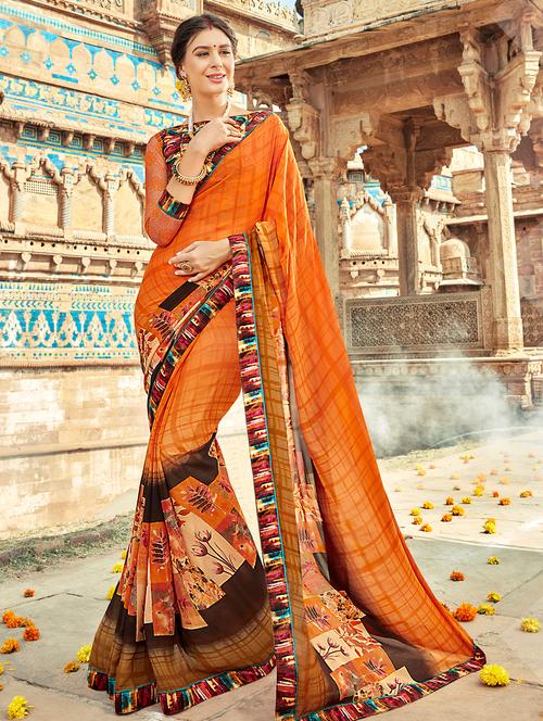 checkered orange printed saree - 15901096 - Very Small Image - 1