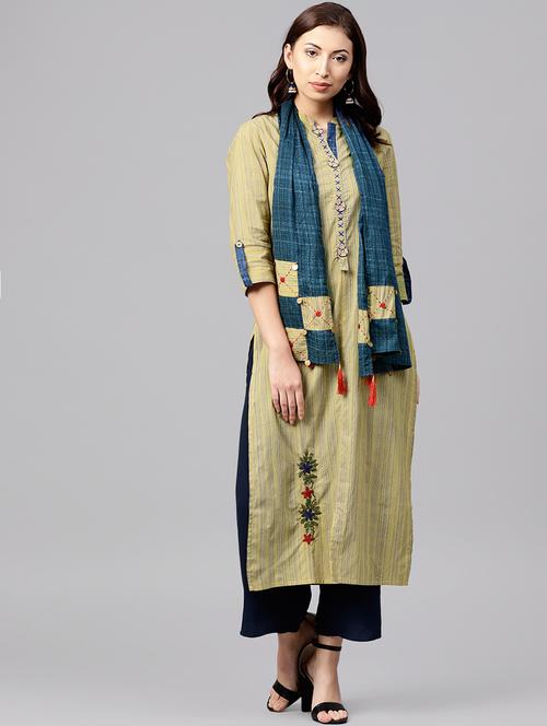 a-line stripes embroidered kurta with stole - 15901521 - Very Small Image - 1