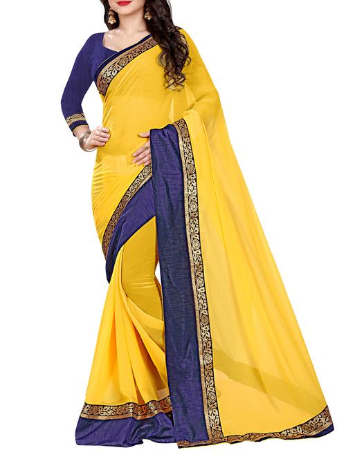 contrast zari border yellow saree with blouse - 15901963 - Very Small Image - 1