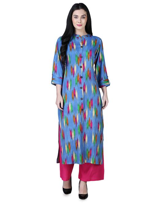 turquoise ikat straight kurta - 15902186 - Very Small Image - 1