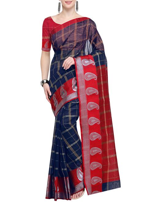 checkered zari motif banarasi saree with blouse - 15903382 - Very Small Image - 1