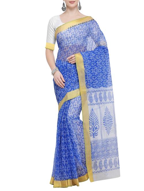 zari border blue gadwal saree with blouse - 15903389 - Very Small Image - 1