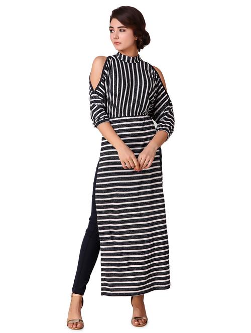 cold shoulder striped side slit tunic - 15903833 - Very Small Image - 1