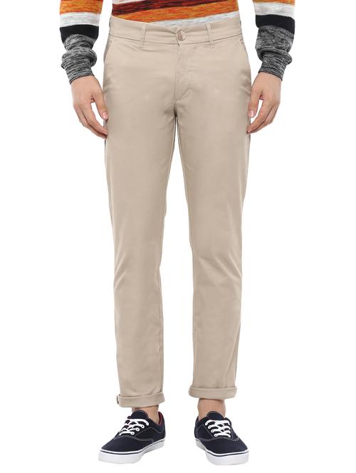 beige cotton flat front casual trousers - 15903850 - Very Small Image - 1
