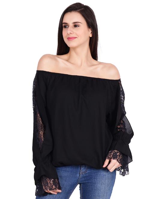 off shoulder lace panel blouson top - 15906665 - Very Small Image - 1