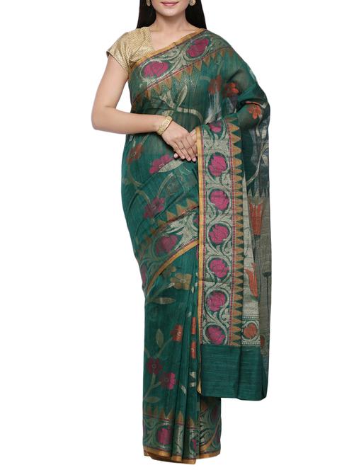 floral zari motif green banarasi saree with blouse - 15909525 - Very Small Image - 1