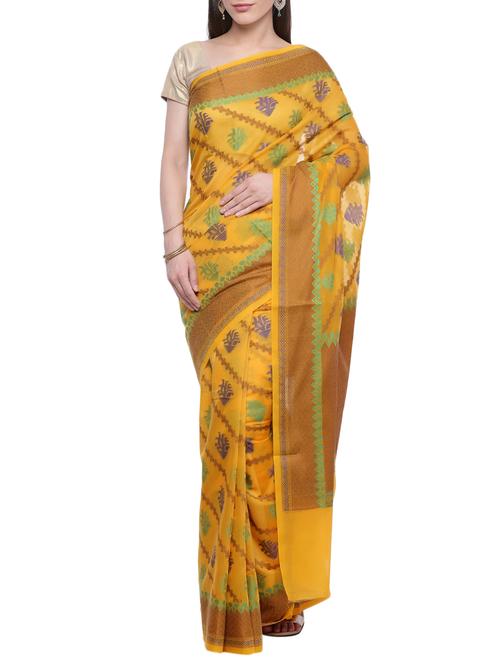 ethnic zari motif yellow banarasi saree with blouse - 15909546 - Very Small Image - 1