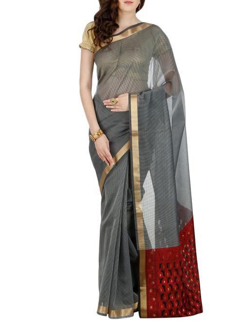 contrast zari border banarasi saree with blouse - 15909564 - Very Small Image - 1