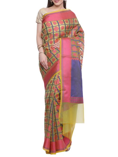checkered zari motif green banarasi saree with blouse - 15909603 - Very Small Image - 1
