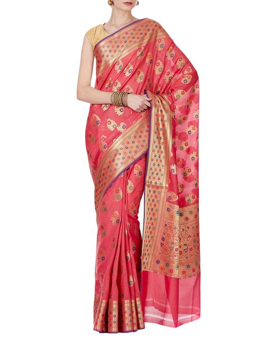 floral zari motif pink banarasi saree with blouse - 15909638 - Very Small Image - 1