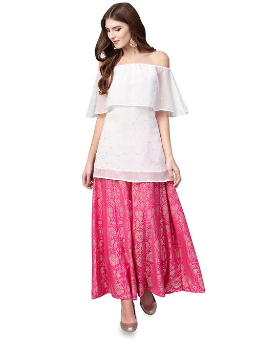 of shoulder top with gold printed skirt set - 15911264 - Very Small Image - 1
