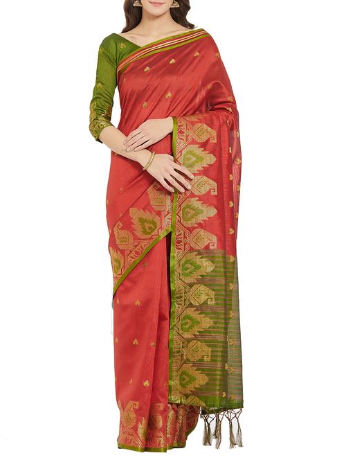 zari motif red woven saree with blouse - 15911674 - Very Small Image - 1