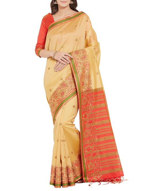 floral zari border woven saree with blouse - 15911675 - Very Small Image - 1